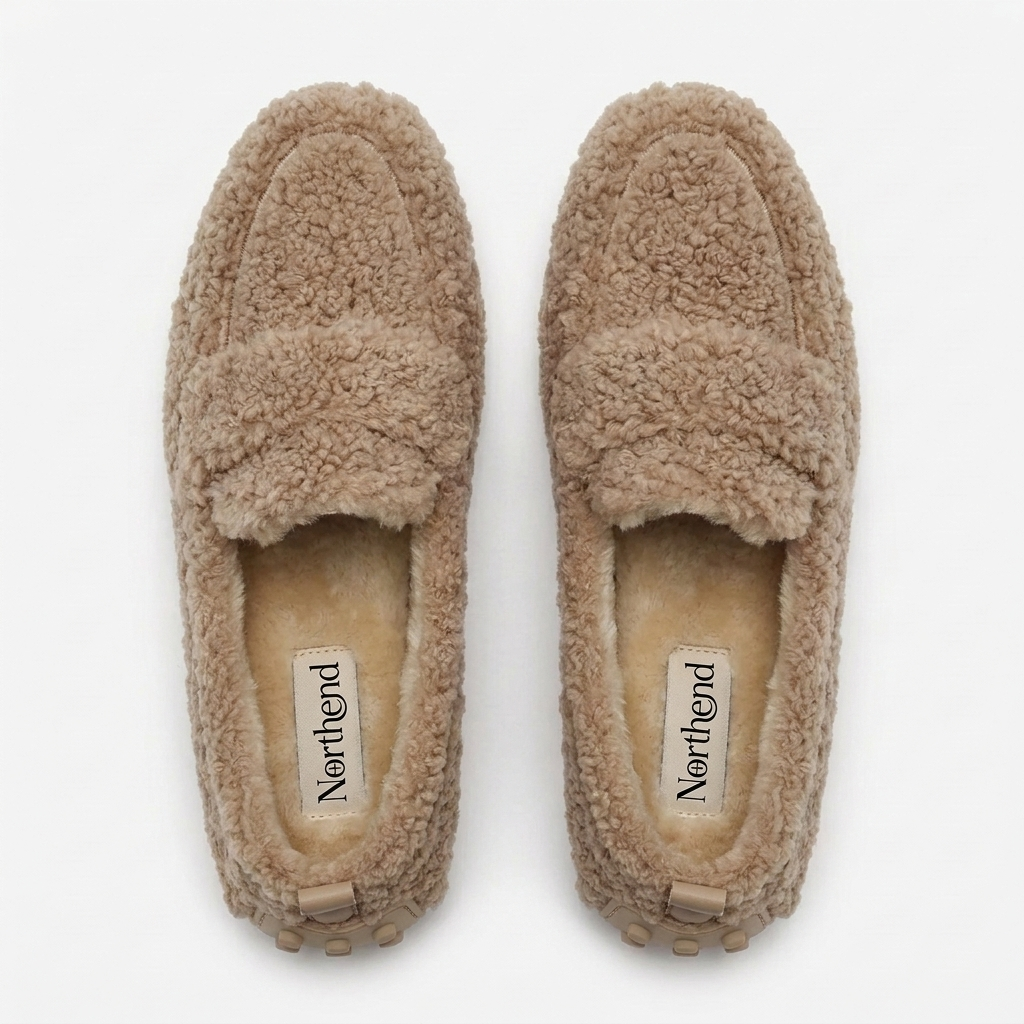 Comfortable House Shoes for Women with Curly Faux Fur Upper Moccasin Slip On Rubber Sole Style
