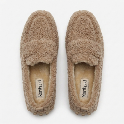 Comfortable House Shoes for Women with Curly Faux Fur Upper Moccasin Slip On Rubber Sole Style