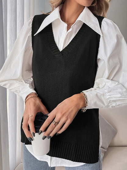 Comfortable Ribbed Knit Sweater Vest for Women with V Neck Sleeveless Relaxed Side Slit Casual Style