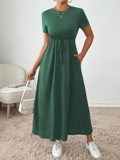 Effortless Drawstring Maxi Dress for Women with Round Neck Short Sleeve Cinched Waist Flowing Casual Style