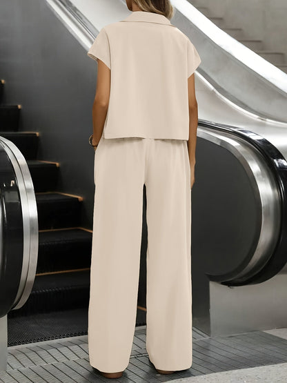 Effortless Wide Leg Set for Women with Collar Short Sleeve Utility Jacket Two Piece Style