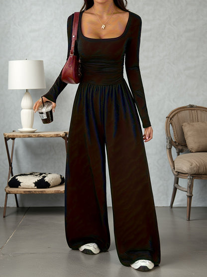 Elegant Black Jumpsuit for Women with Square Neck Long Sleeve Ruched Wide Leg Style