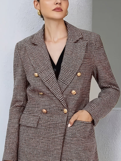 Elegant Coffee Brown Houndstooth Blazer for Women with Notch Lapel Long Sleeve Double Breasted Oversized Style