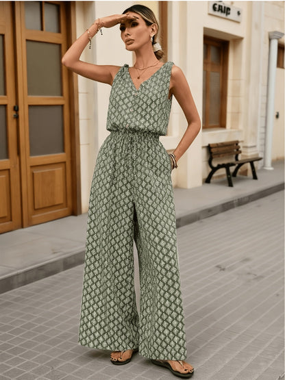 Effortless Olive Green Printed Jumpsuit for Women with V Neck Button Front Wide Leg Bohemian Style