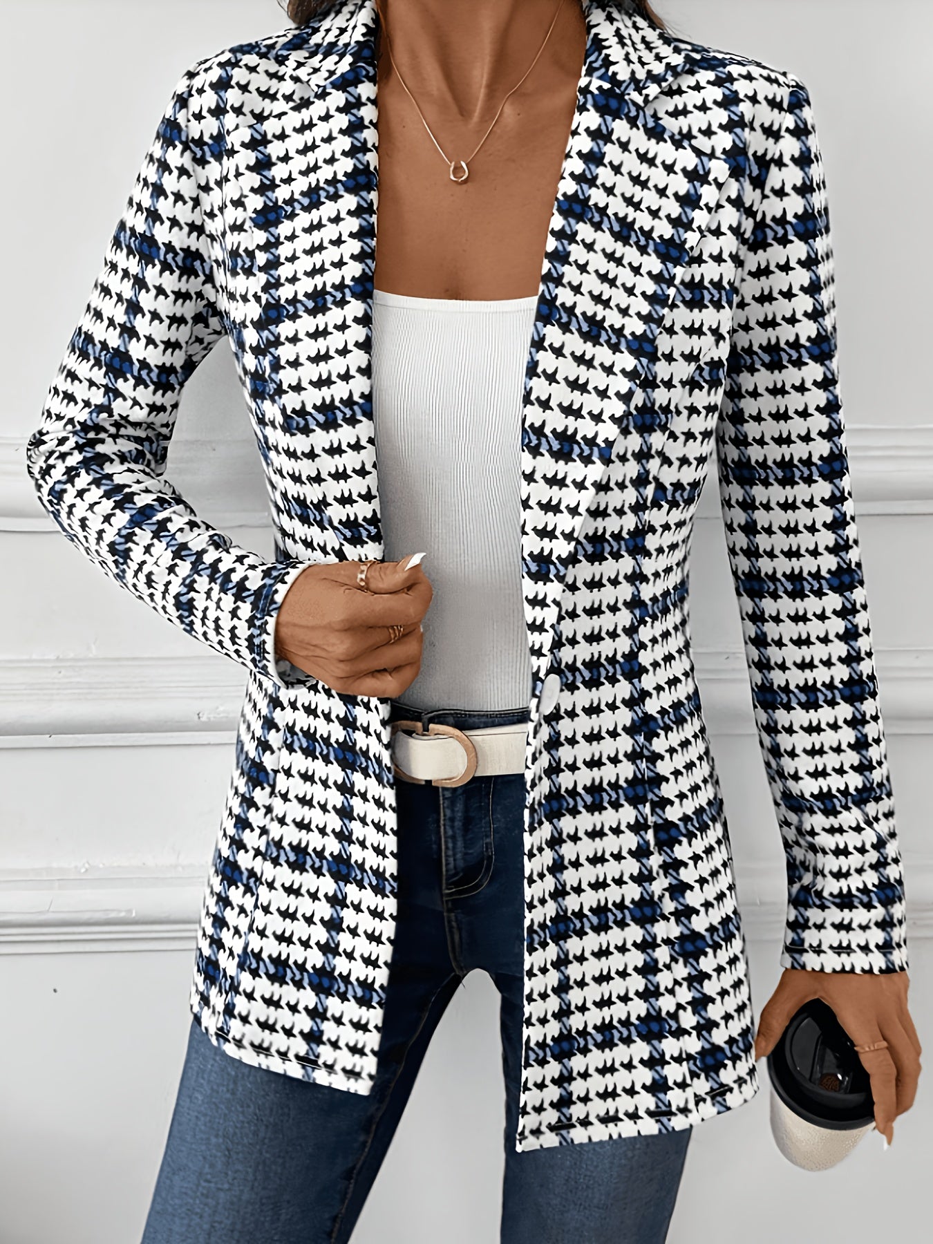Elegant Navy Houndstooth Blazer for Women with Notch Lapel Long Sleeve Open Front Tailored Style