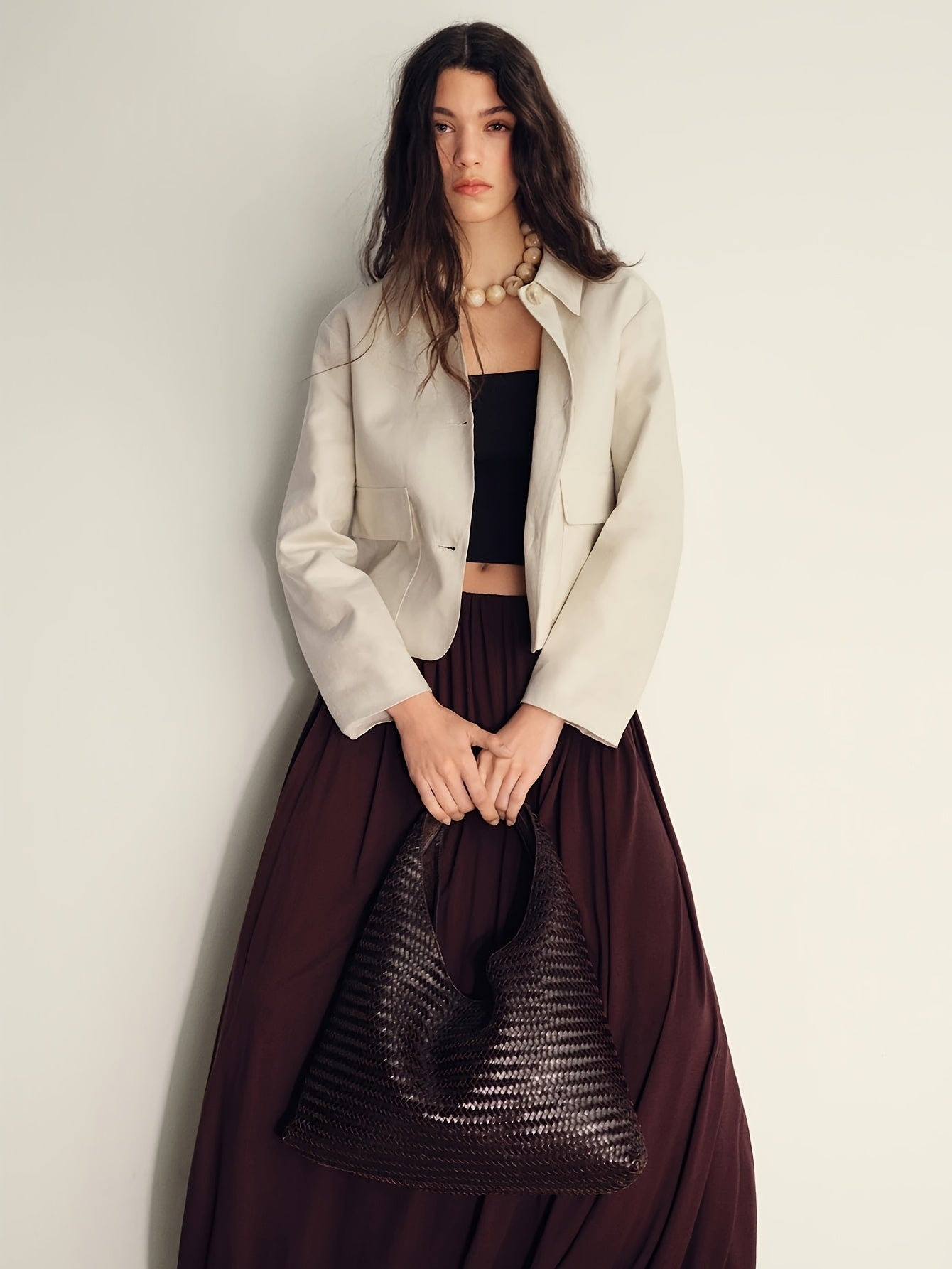 Effortless Apricot Wide Leg Set for Women with Collared Cropped Jacket Button Front Relaxed Style