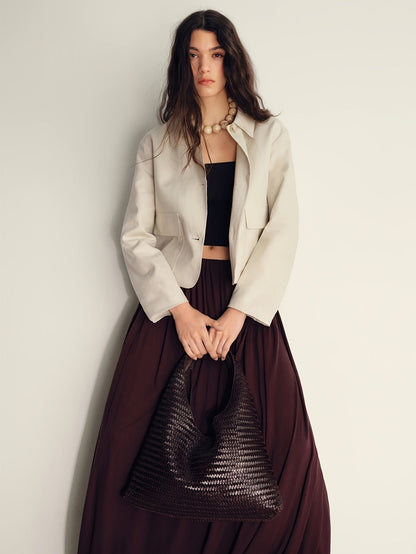 Effortless Apricot Wide Leg Set for Women with Collared Cropped Jacket Button Front Relaxed Style