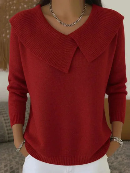 Comfortable Knit Sweater for Women with V Neck Long Sleeve Oversized Collar Relaxed Style