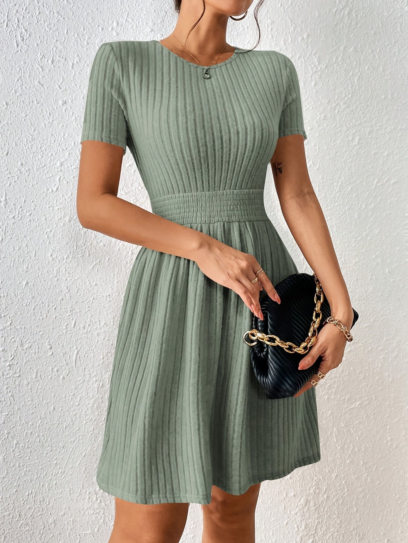 Comfortable Ribbed Knit Fit and Flare Mini Dress for Women with Round Neck Short Sleeve Smocked Waist Casual Style