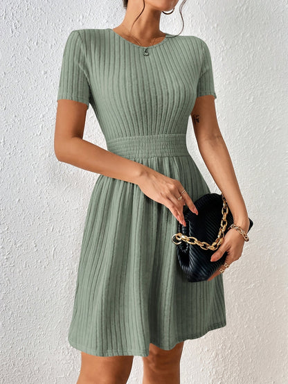 Comfortable Ribbed Knit Fit and Flare Mini Dress for Women with Round Neck Short Sleeve Smocked Waist Casual Style