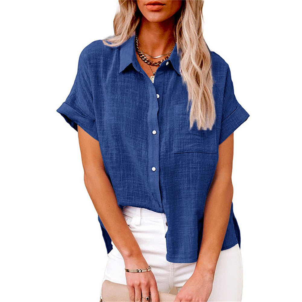 Effortless Linen Blouse for Women with Collar Short Sleeve Button Front High Low Casual Style