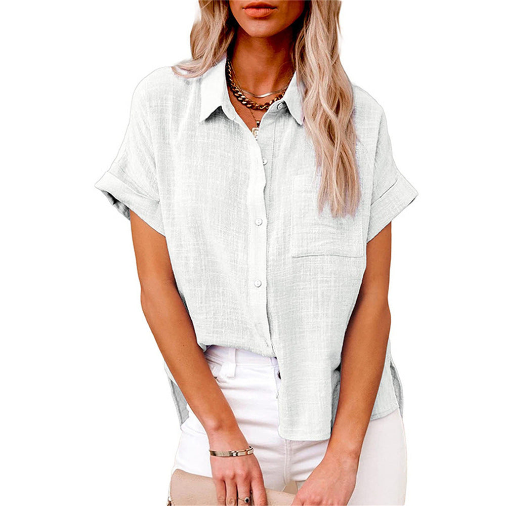 Effortless Linen Blouse for Women with Collar Short Sleeve Button Front High Low Casual Style