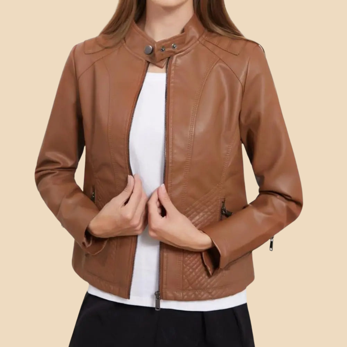 Elegant Faux Leather Moto Jacket for Women with Stand Collar Long Sleeve Quilted Zip Front Style