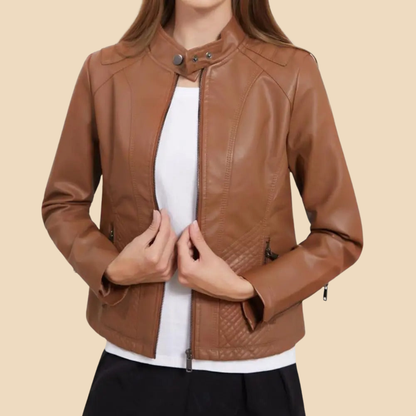 Elegant Faux Leather Moto Jacket for Women with Stand Collar Long Sleeve Quilted Zip Front Style