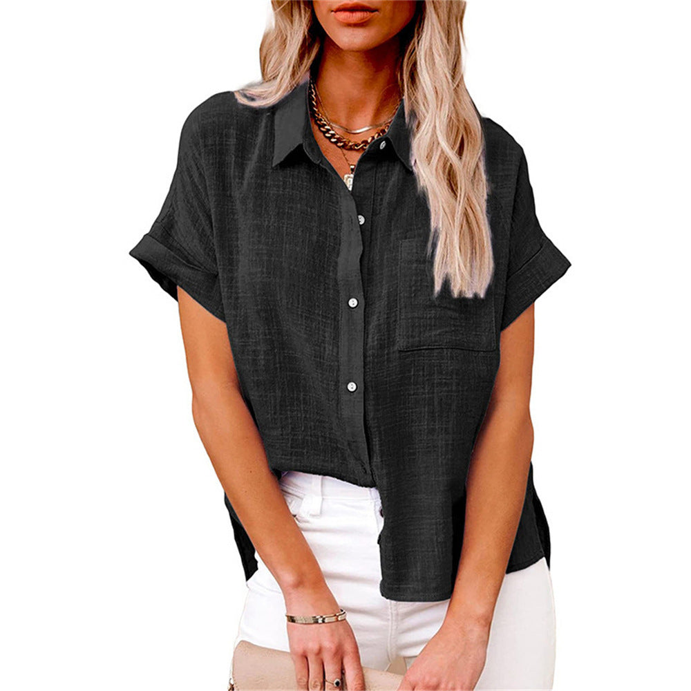 Effortless Linen Blouse for Women with Collar Short Sleeve Button Front High Low Casual Style