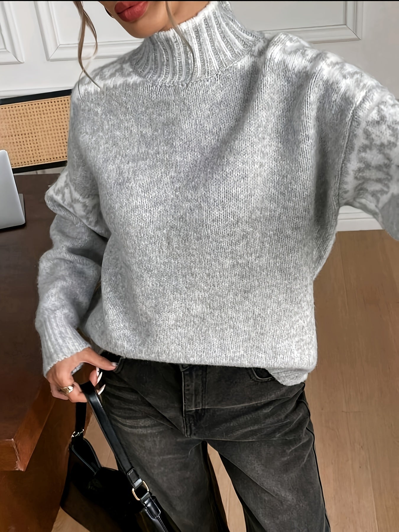 Comfortable Grey Houndstooth Sweater for Women with Mock Neck Long Sleeve Oversized Ribbed Knit Style