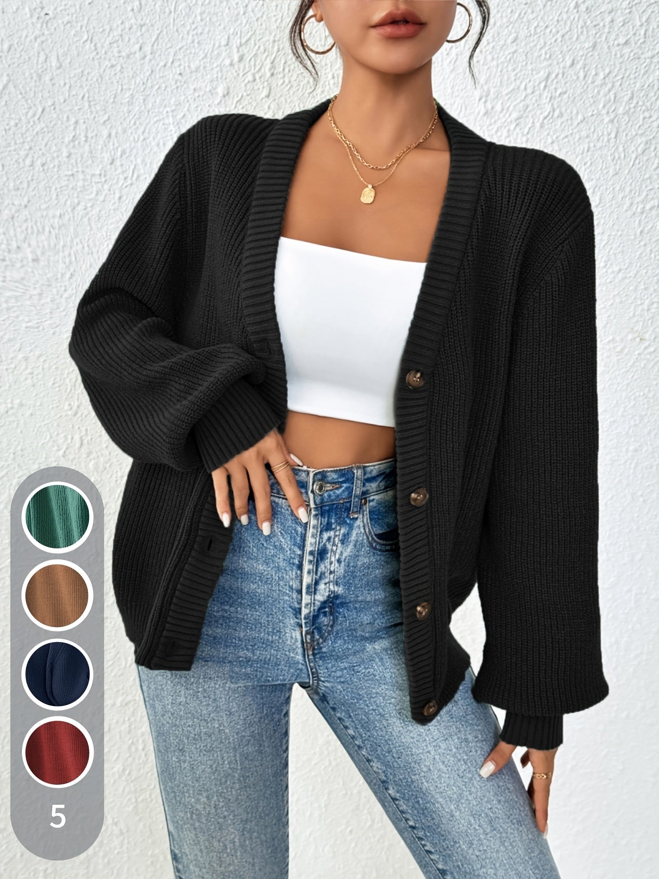 Comfortable Ribbed Knit Cardigan for Women with V Neck Balloon Sleeve Button Front Oversized Style