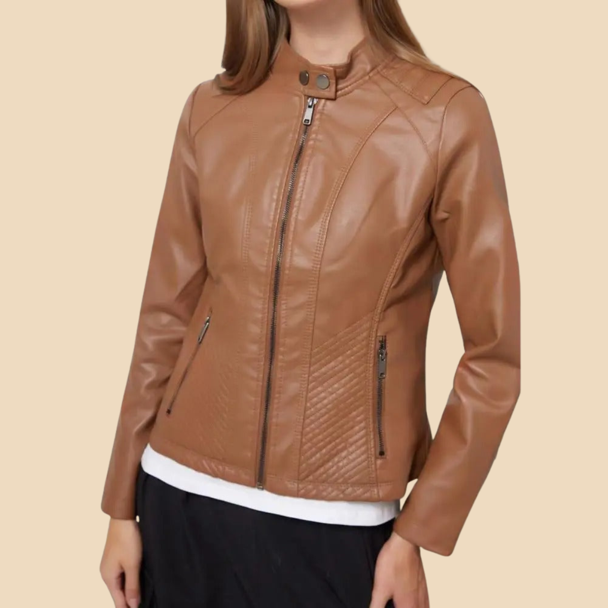 Elegant Faux Leather Moto Jacket for Women with Stand Collar Long Sleeve Quilted Zip Front Style