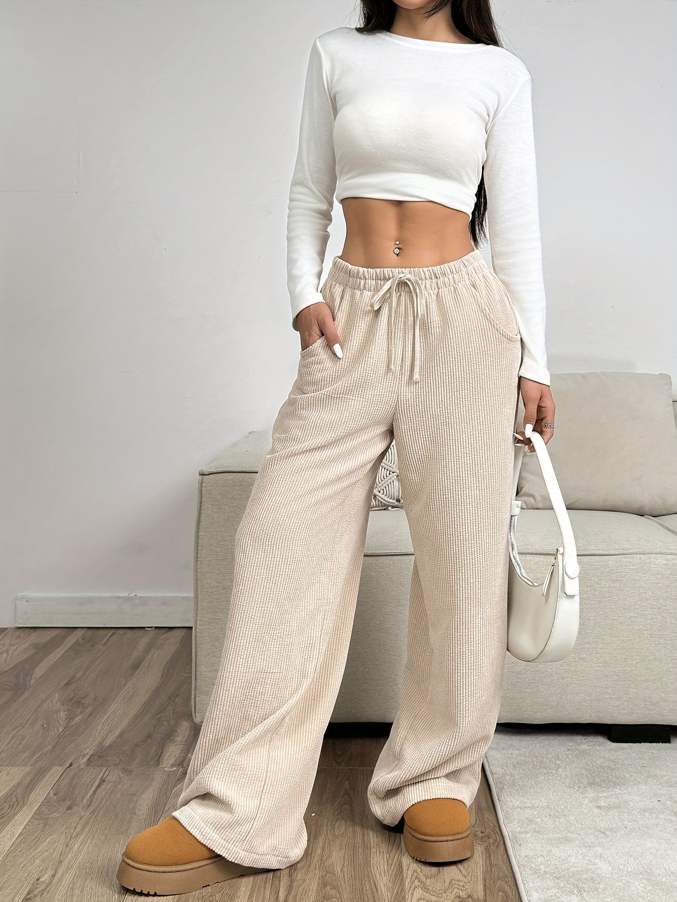 Effortless Apricot Waffle Knit Wide Leg Pants for Women with High Waist Drawstring Relaxed Casual Style