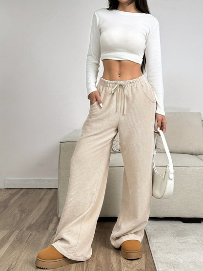 Effortless Apricot Waffle Knit Wide Leg Pants for Women with High Waist Drawstring Relaxed Casual Style
