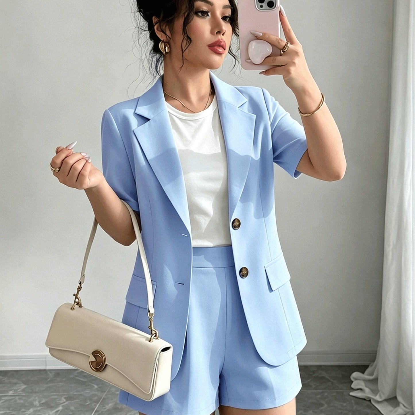 Elegant Tailored Short Suit for Women with Notched Lapel Half Sleeve Button Front Blazer Two Piece Style