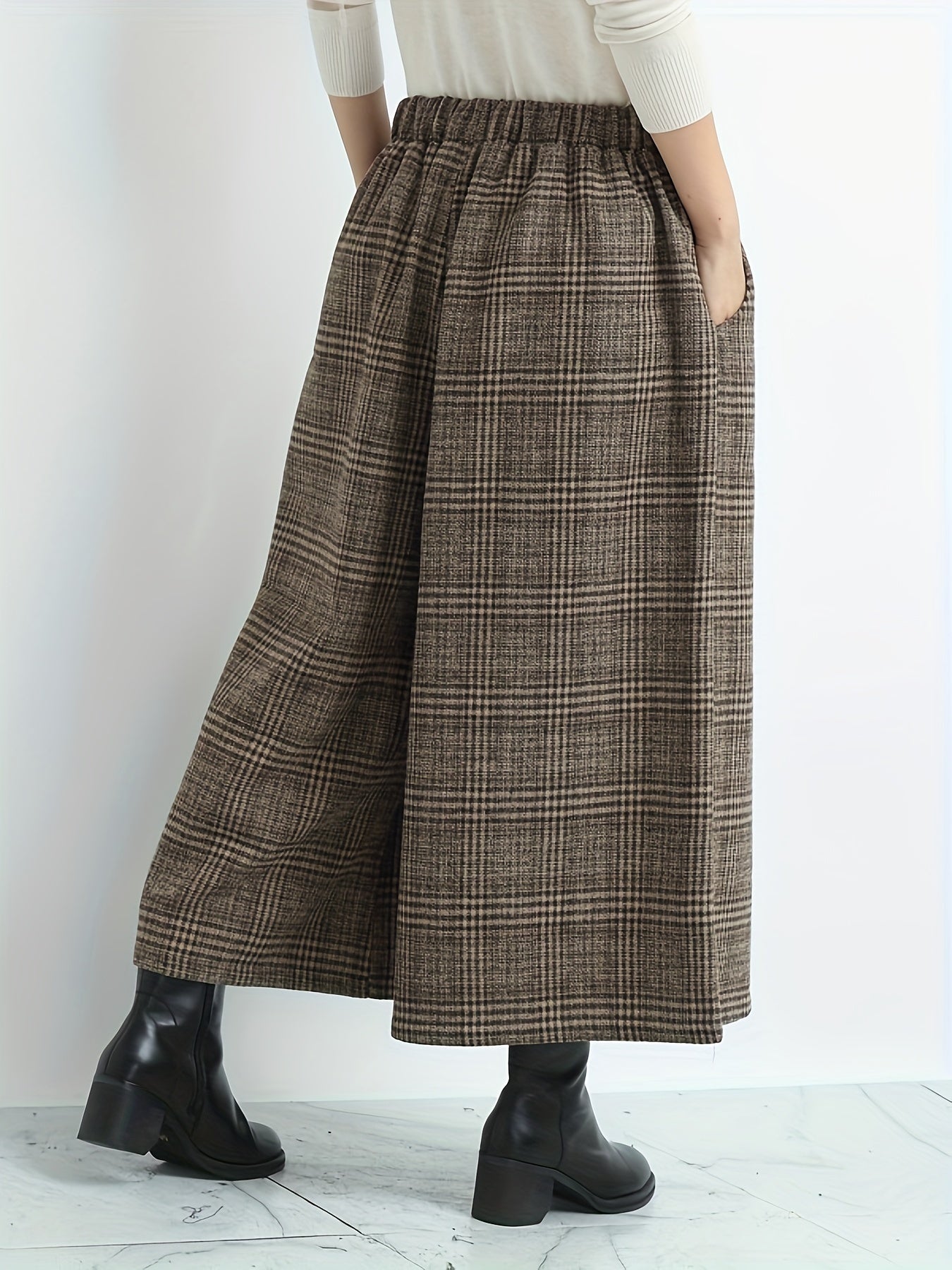 Effortless Plaid Wide Leg Pants for Women with High Waist Pocket Cropped Flowing Casual Style