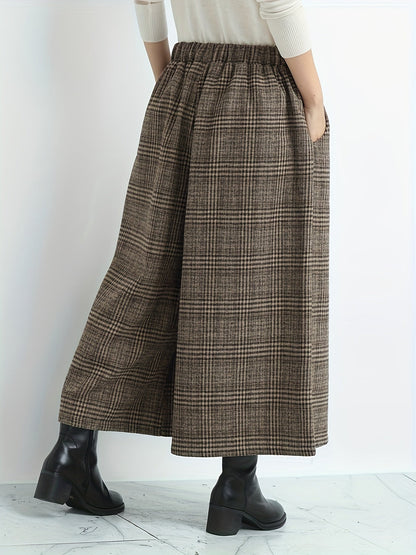 Effortless Plaid Wide Leg Pants for Women with High Waist Pocket Cropped Flowing Casual Style