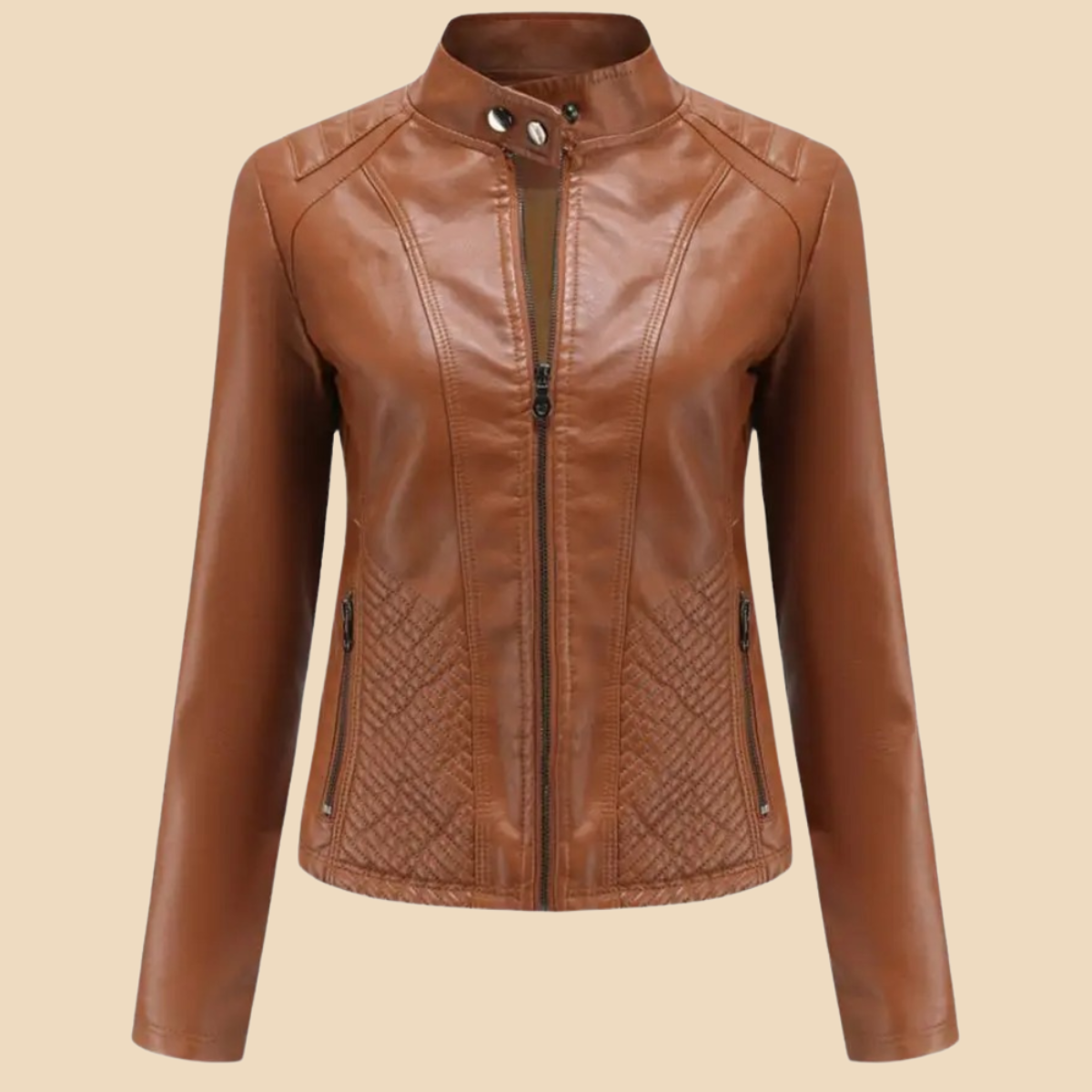 Elegant Faux Leather Moto Jacket for Women with Stand Collar Long Sleeve Quilted Zip Front Style