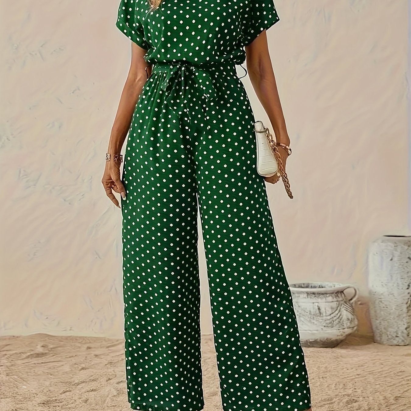 Effortless Polka Dot Jumpsuit for Women with Boat Neck Short Sleeve Tied Waist Wide Leg Style
