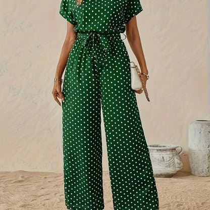 Effortless Polka Dot Jumpsuit for Women with Boat Neck Short Sleeve Tied Waist Wide Leg Style