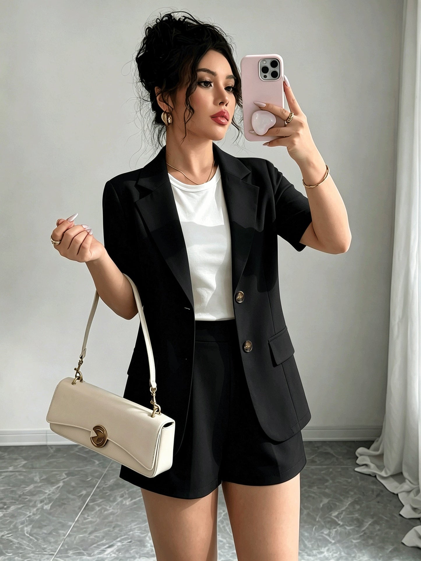 Elegant Tailored Short Suit for Women with Notched Lapel Half Sleeve Button Front Blazer Two Piece Style
