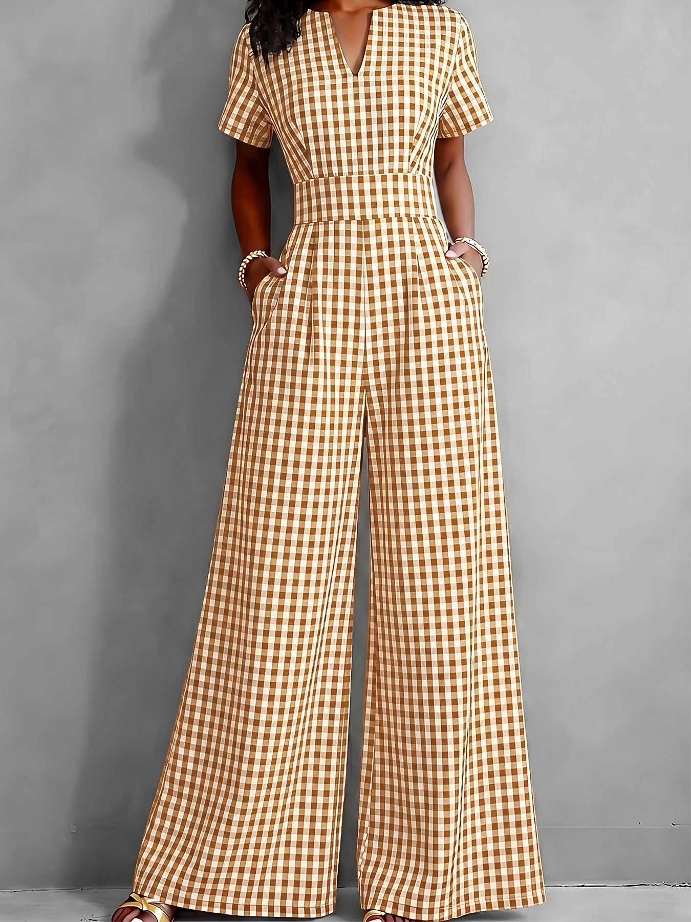 Effortless Gingham Wide Leg Jumpsuit for Women with V Neck Short Sleeve Pleated Pocket Casual Style