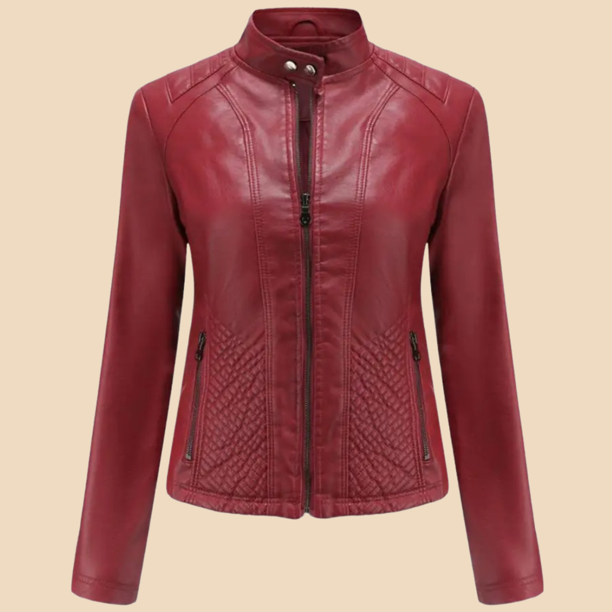 Elegant Faux Leather Moto Jacket for Women with Stand Collar Long Sleeve Quilted Zip Front Style