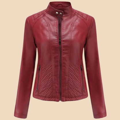 Elegant Faux Leather Moto Jacket for Women with Stand Collar Long Sleeve Quilted Zip Front Style
