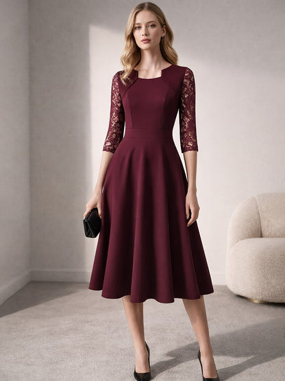 Elegant Lace Midi Dress for Women with Square Neck Three Quarter Sleeve Fit and Flare Cocktail Style