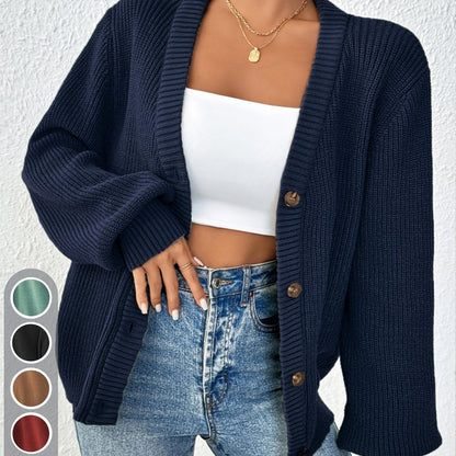Comfortable Ribbed Knit Cardigan for Women with V Neck Balloon Sleeve Button Front Oversized Style