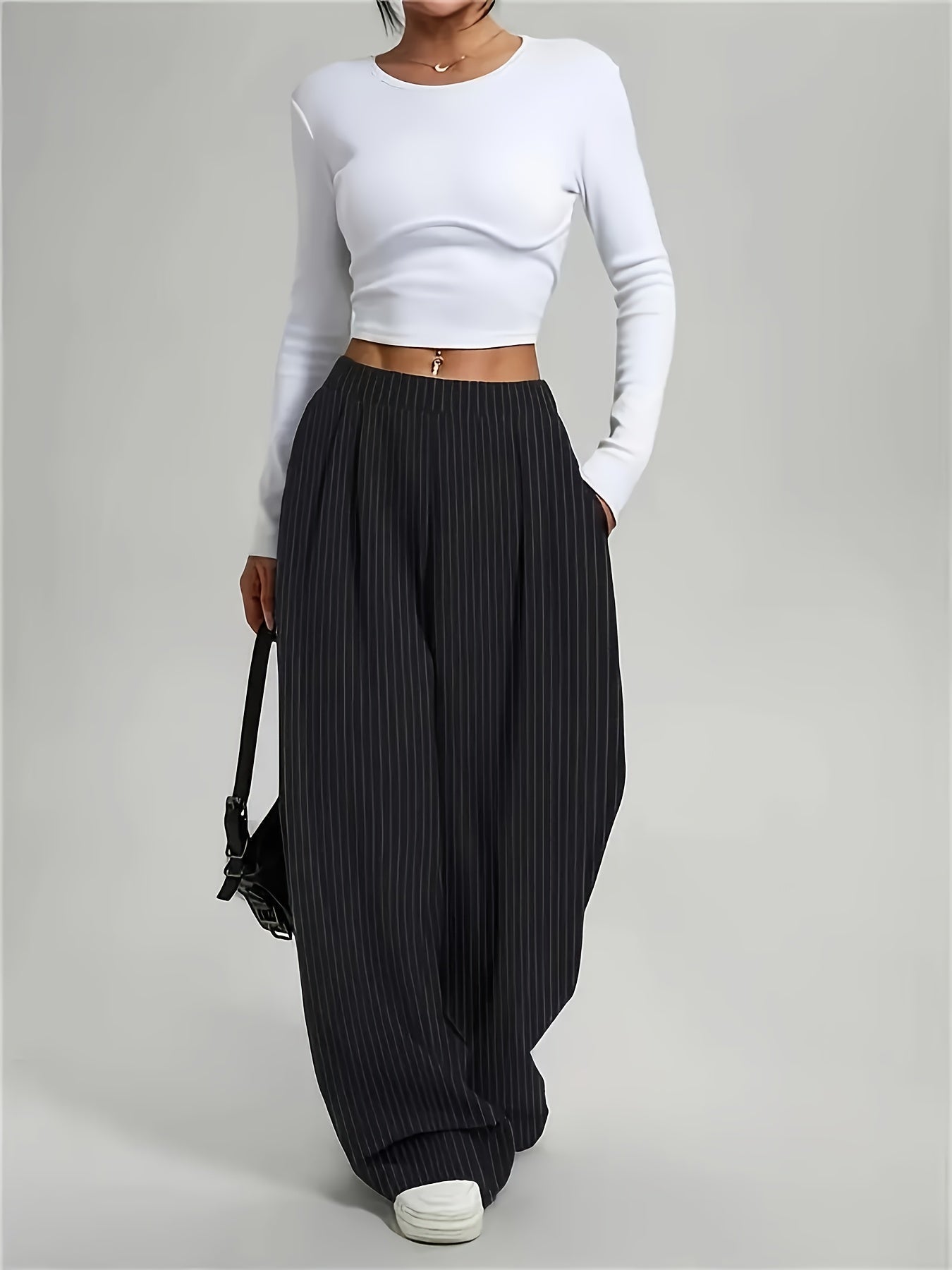 Elegant Black Pinstripe Wide Leg Pants for Women with High Waist Pleated Front Tailored Style