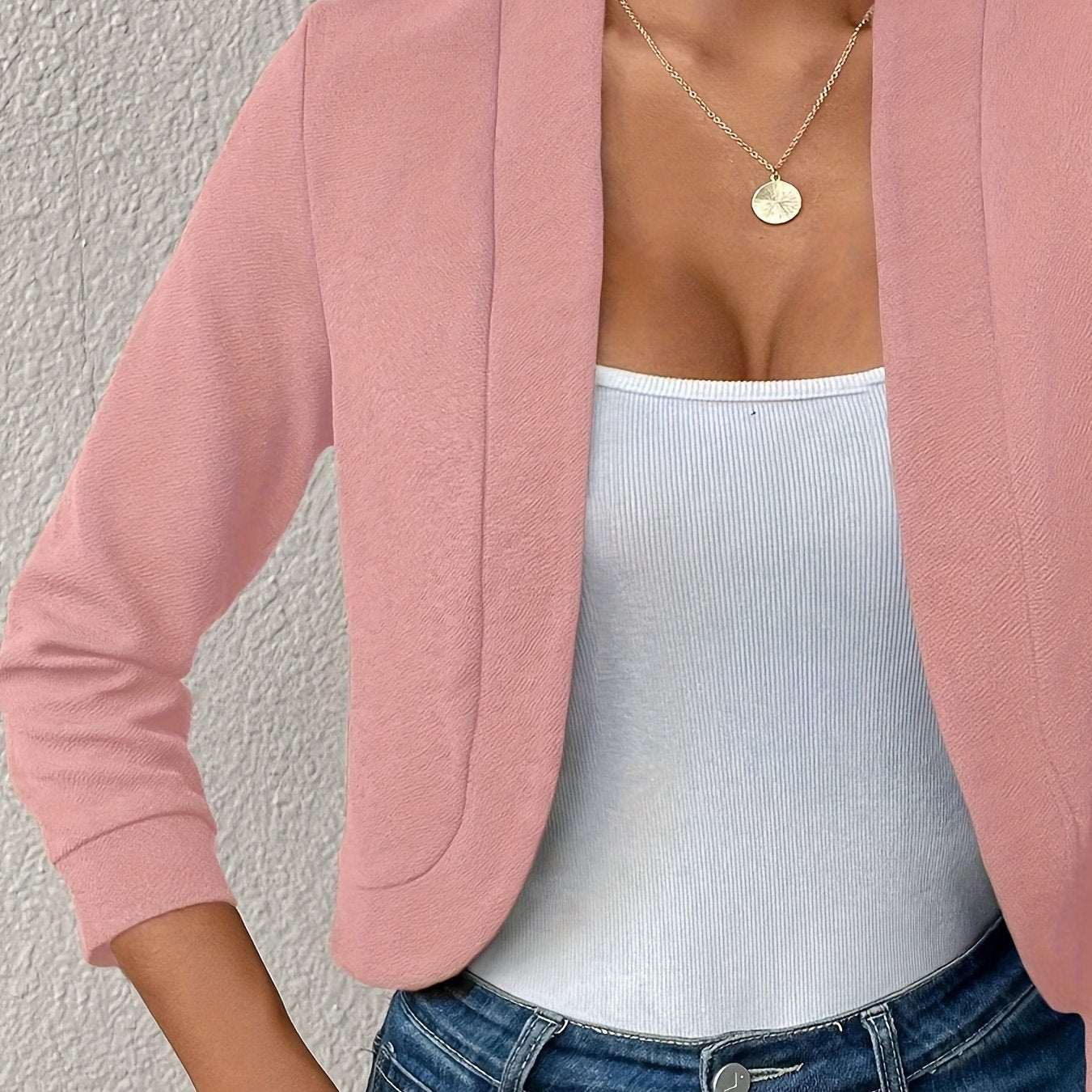 Effortless Cropped Jacket for Women with Open Front Elbow Sleeve Ribbed Cuff Relaxed Style