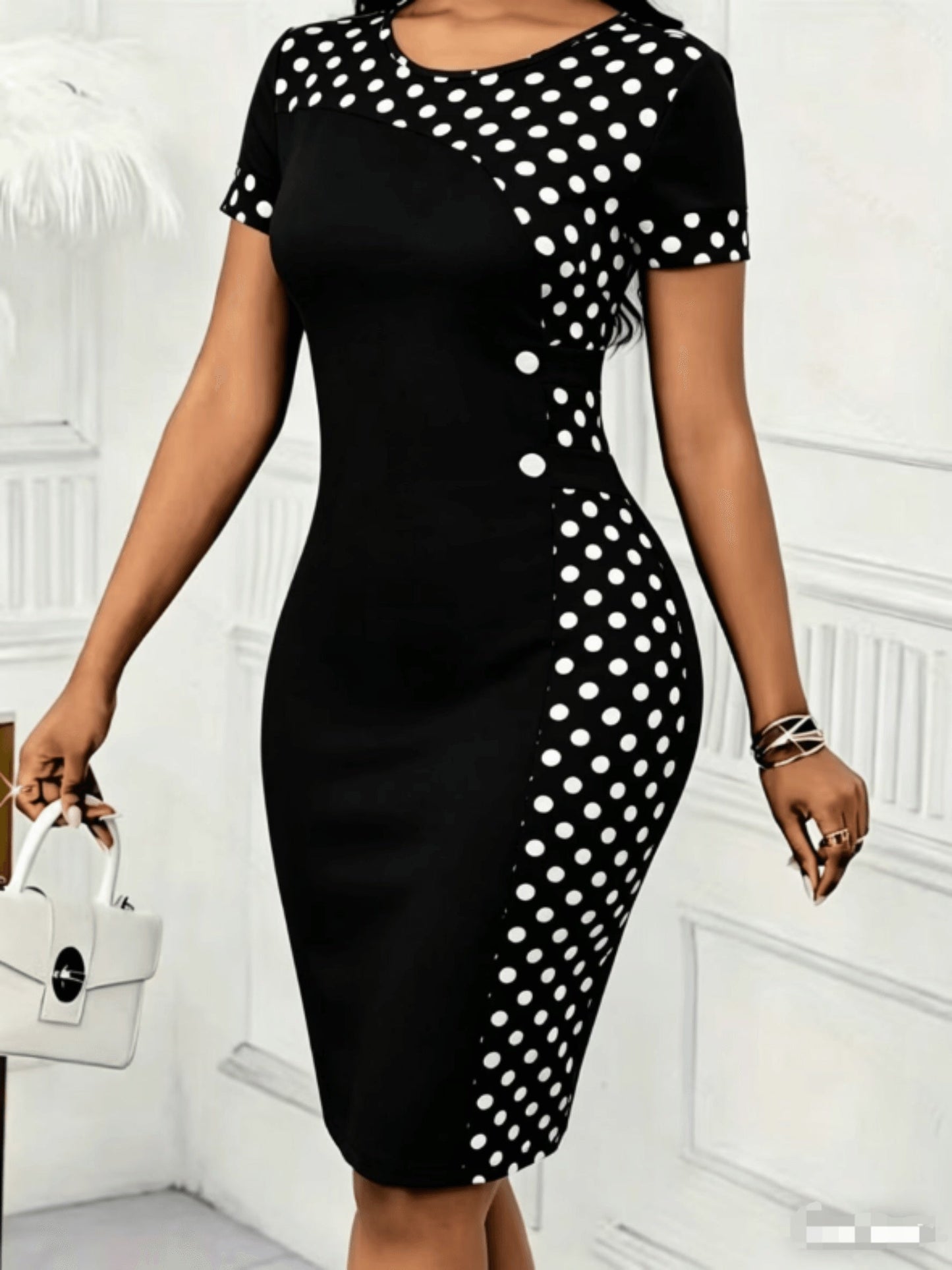 Elegant Polka Dot Bodycon Midi Dress for Women with Round Neck Short Sleeve Button Detail Cocktail Style