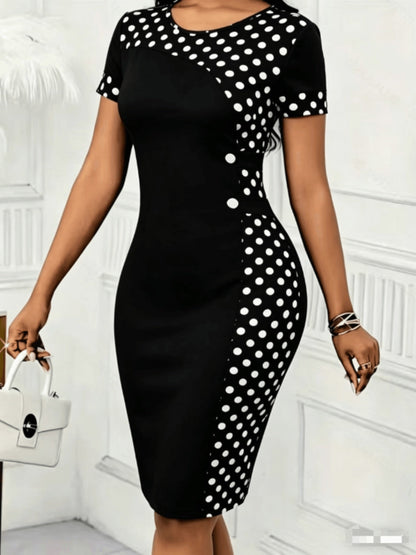 Elegant Polka Dot Bodycon Midi Dress for Women with Round Neck Short Sleeve Button Detail Cocktail Style