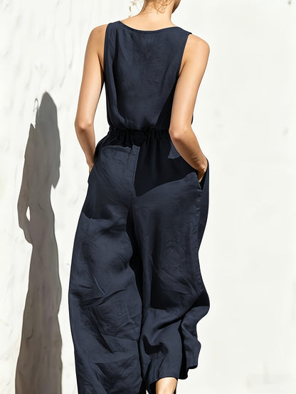 Effortless Navy Blue Linen Wide Leg Jumpsuit for Women with V Neck Sleeveless Button Front Relaxed Style