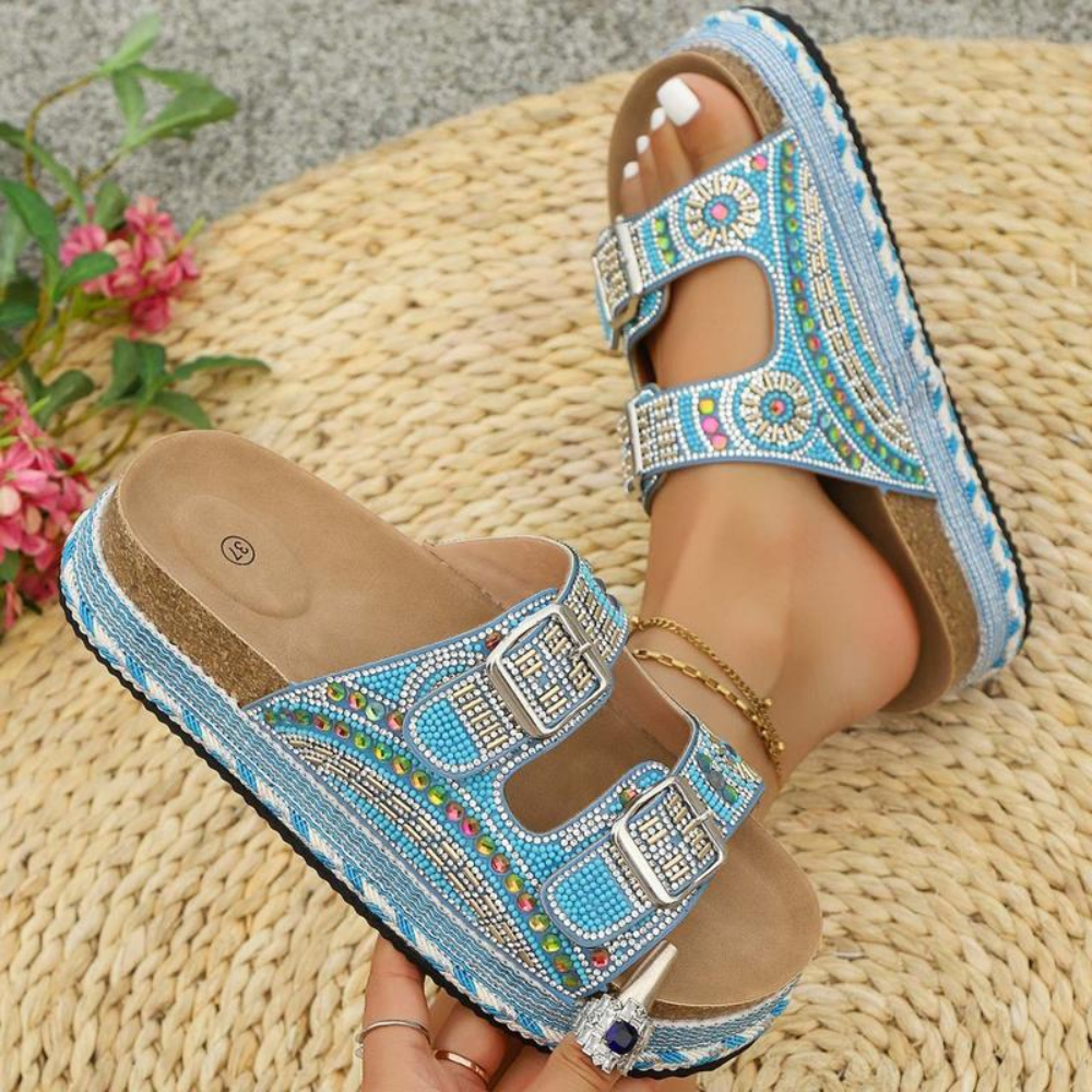 Comfortable Slide Sandals for Women with Printed Double Buckle Strap Platform Open Toe Style
