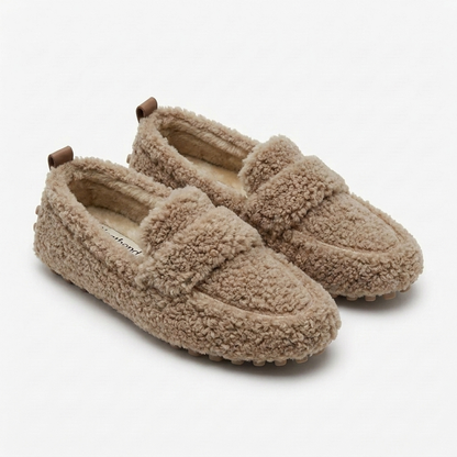 Comfortable House Shoes for Women with Curly Faux Fur Upper Moccasin Slip On Rubber Sole Style