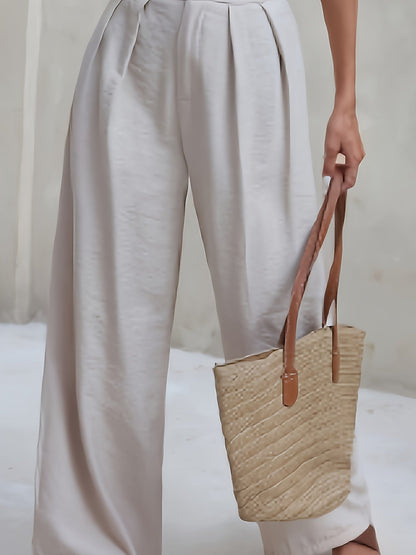 Effortless Khaki Wide Leg Pants for Women with High Waist Pleated Button Front Relaxed Style