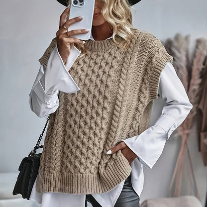Comfortable Cable Knit Sweater Vest for Women with Crew Neck Sleeveless Oversized Relaxed Knit Style