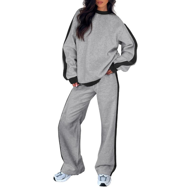 Comfortable Colorblock Wide Leg Set for Women with Crewneck Long Sleeve Contrast Stripe Two Piece Style