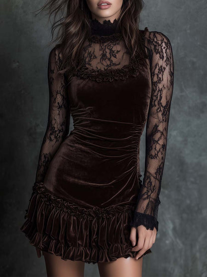 Elegant Chocolate Velvet Mini Dress for Women with High Neck Lace Long Sleeve Ruched Bodycon Style