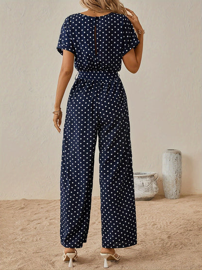 Effortless Polka Dot Jumpsuit for Women with Boat Neck Short Sleeve Tied Waist Wide Leg Style