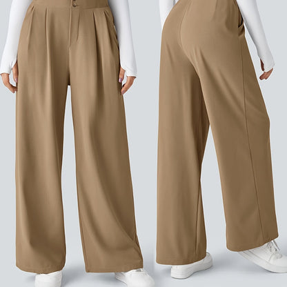 Effortless Khaki Wide Leg Pants for Women with High Waist Pleated Button Front Relaxed Style