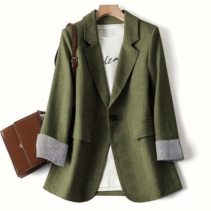 Elegant Fern Green Blazer for Women with Notch Lapel Long Sleeve Striped Cuff Tailored Style